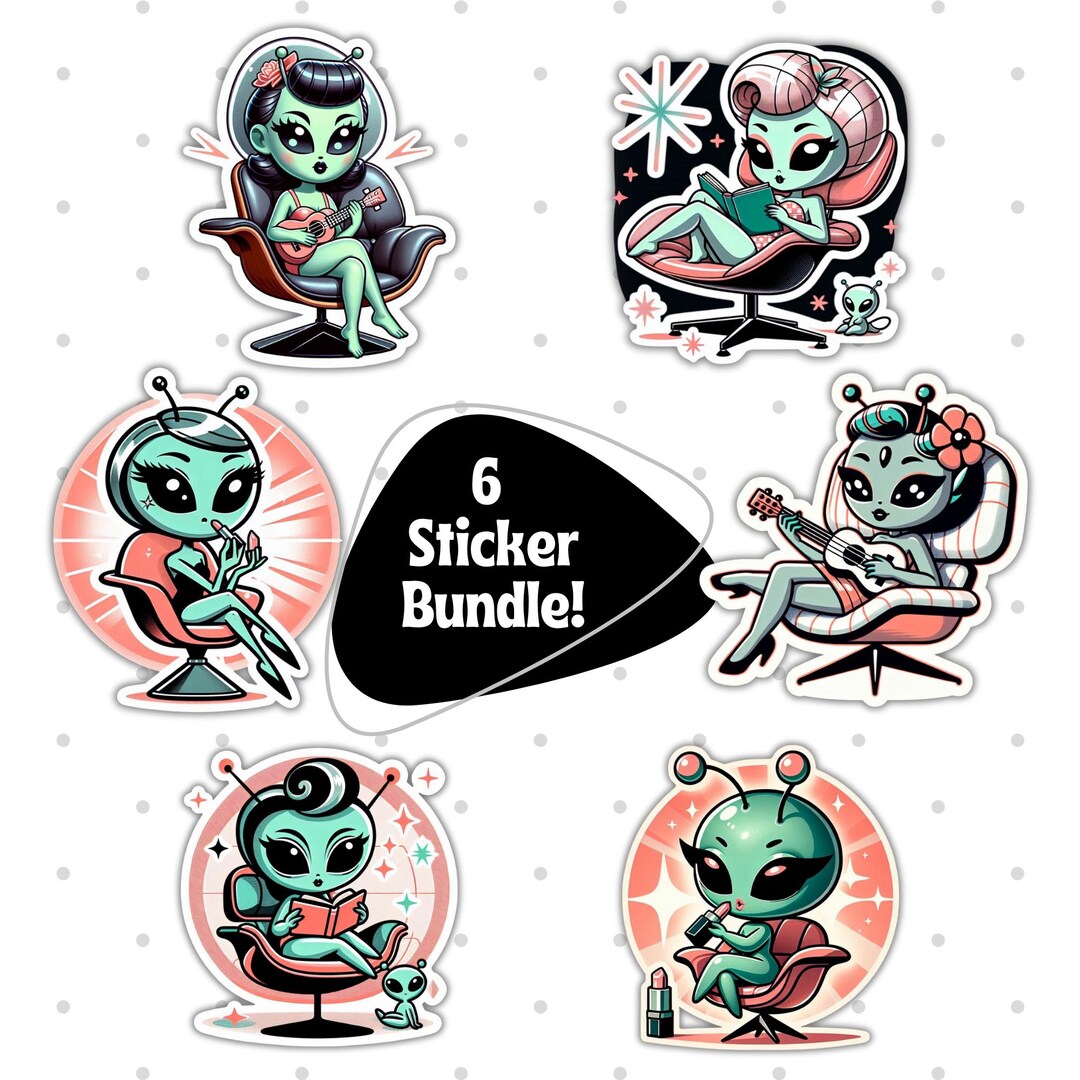 Retro Alien Sticker Pack Bundle, 6 Custom Vinyl Decals Space Theme, Mid ...