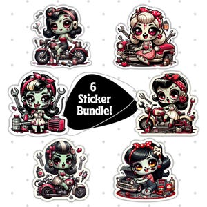 Cute Zombie Mechanic Pin-Up Girl Stickers, Retro Pinup Decals, Rockabilly Workshop Art, Custom Laptop and Car Accessories