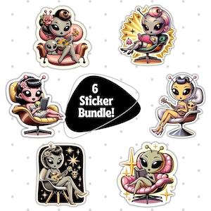 Retro Space Pin-up Girl Sticker Bundle, Set of 6 Alien Girl Stickers, Space Themed Pin-Up Art Decals for Laptop and Water Bottle