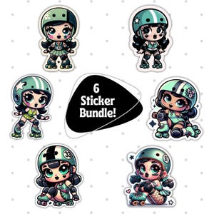 Roller Derby Girl Stickers, Cute Roller Skater Sticker Set, Roller Derby Decals, Roller Skate Vinyl Stickers, Kawaii Sticker Pack