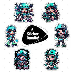 Roller Skate Girl Stickers, Cute Roller Derby Stickers, Cartoon Skater Girl Decals, Fun Skating Sticker Set, 6-Pack Sticker Bundle