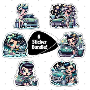 Retro Pinup Girl Car Wash Sticker Pack, Vintage Art Stickers, Cute Pinup Girl Stickers, Fun Car-themed Sticker Set