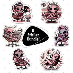 Cute Alien Stickers Bundle, 6 Piece Set, Space Alien Cartoon Stickers, Fun Alien Characters, Vinyl Sticker Pack, Cute Decor