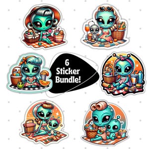 Cute Alien Picnic Stickers Bundle, 6 Fun and Colorful Alien Stickers, Cute Alien Characters, Perfect for Laptops and Journals