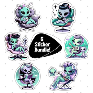 Retro Alien Girls Sticker Set, Cute Alien Pin-Up Art Stickers, Space Girl Sticker Bundle, Alien Art Sticker Collection