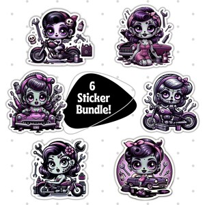 Pin-Up Girl Aufkleber, süße Rockabilly Aufkleber, Kawaii Mechaniker Aufkleber Bundle, Retro Pinup Vinyl Sticker Pack, 6 Stück