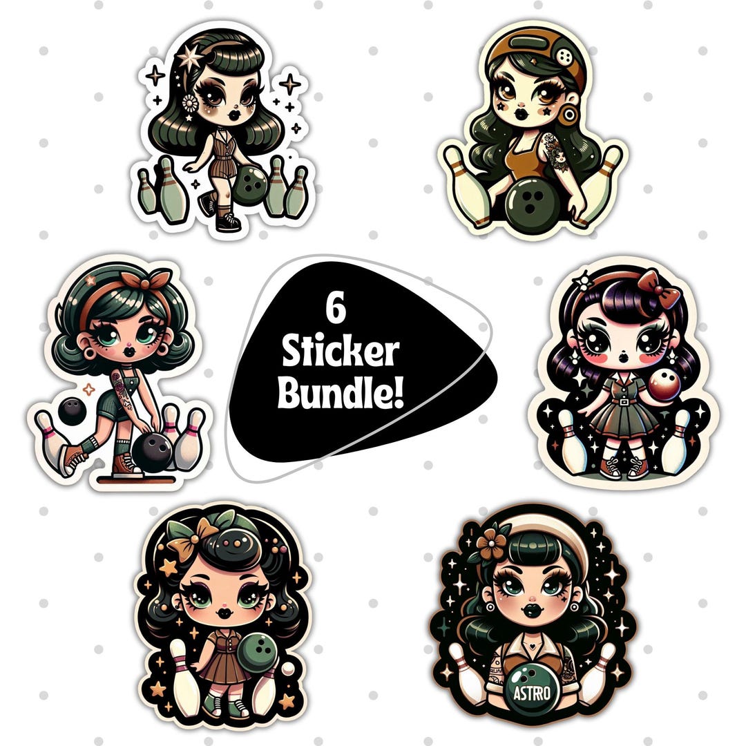 Retro Bowling Girls Sticker Set, Cute Cartoon Bowlers Decals, 6 Pack ...
