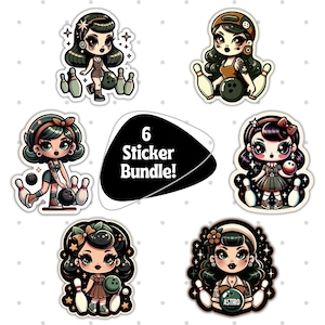 Retro Bowling Girls Sticker Set, Cute Cartoon Bowlers Decals, 6 Pack Sticker Bundle for Laptops Planners and Scrapbooks