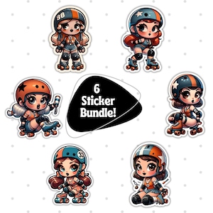 Cute Roller Derby Girl Stickers Set, 6 Character Sticker Bundle, Kawaii Roller Skater, Adorable Cartoon Stickers