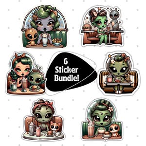 Zestaw naklejek Retro Alien Diner, 6 elementów, Vintage Alien and Food Scenes, unikatowe zielone naklejki Alien Art