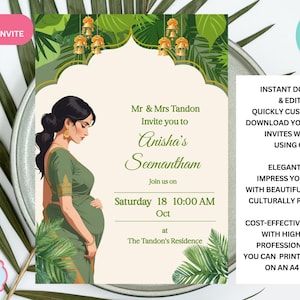 Invitación Seemantham personalizable / Plantilla imprimible DIY 5x7 / Godh Bharai / Valaikappu / Descarga editable de Corjl
