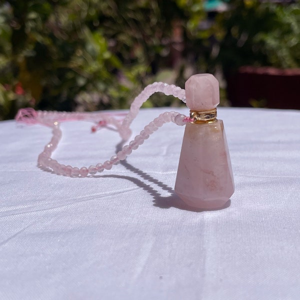 Snuff Necklace, Rose quartz Vials Necklace, 3mm beaded beads,  perfume necklace, Perfume bottle necklace, Gemstone bottle jewelry, for gift