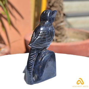 Hand Carved Sodalite Bird Figurine: 4.8 Inch Sparrow Sculpture