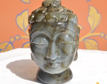 Labradorite Buddha, Handmade carving, serene and meditating Buddha Carved, Labradorite Buddha Head, Sitting buddha "3.3 Inch 334 Gram"