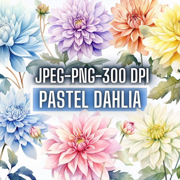 30 Watercolor Dahlia Flower Clip Art Bundle,Pastel Pink Blue Yellow Png Flower Wall Art,Dahlia Scrapbooking Sticker,Digital Download