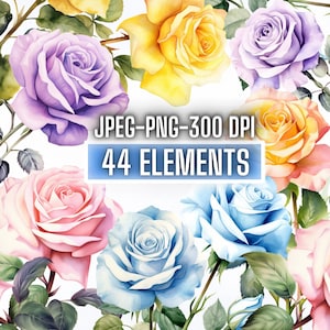 Pacote de clipart em aquarela pastel de rosas png, designs de sublimação floral cottagecore png, clipart de flores de jardim de primavera, download digital