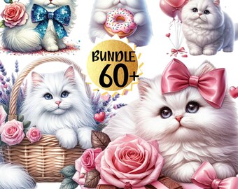 Coquette Cat Valentine Clipart Bundle 60+, Kawaii Kätzchen und Rose PNG Set, digitale Aufkleber Sublimationsdesign, Kinderzimmer Clip Art, Cat Mom png
