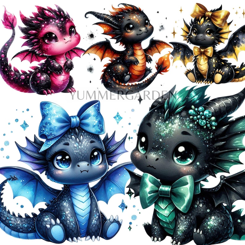 Kawaii Black Baby Dragon Clipart Bundle: Nursery PNG Set (Digital Download) image 4