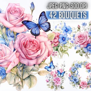 42 Aquarell Rose und Wildblumen Clip Art Bundle, rosa blau Floral Png Sublimation Designs, Frühling Hochzeit Blume Clipart, digitaler Download