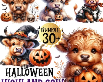 Highland Cow png ,Bundle 30+ Kawaii Spooky Cute Halloween Animal Clipart Bundle, Highland Cow png bundle, Sublimation Png, Digital Download
