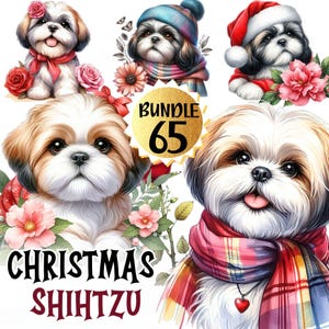 Könnte beinhalten: Ein digitales Kunstpaket mit sechs Shih Tzu-Hunden mit festlichem Zubehör. Die Hunde sind mit Hüten, Schals und Blumen geschmückt, mit dem Text "Christmas Shih Tzu" und "Bundle 65". Die Hunde haben braunes und weißes Fell.