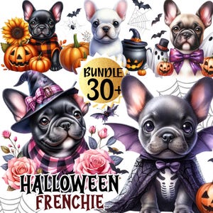 Pacote 30+ Pacote de clipart de buldogue francês Kawaii, adesivo digital, designs de sublimação de filhote de cachorro Frenchie, cachorro de Halloween PNG, download digital