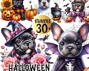 Bundle 30+ Kawaii French Bulldog Clipart Bundle,  Digital Sticker, Frenchie Puppy Sublimation Designs, Halloween Dog PNG, Digital Download