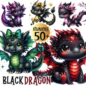 Kawaii Black Baby Dragon Clipart Bundle: Nursery PNG Set (Digital Download) image 1