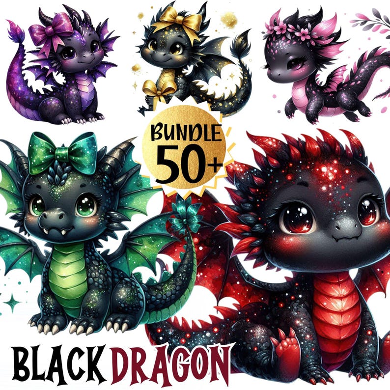 Kawaii Black Baby Dragon Clipart Bundle: Nursery PNG Set (Digital Download) image 1