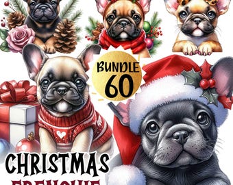 Christmas French Bulldog Clipart Bundle, Holiday Frenchie Dog PNG (Digital)