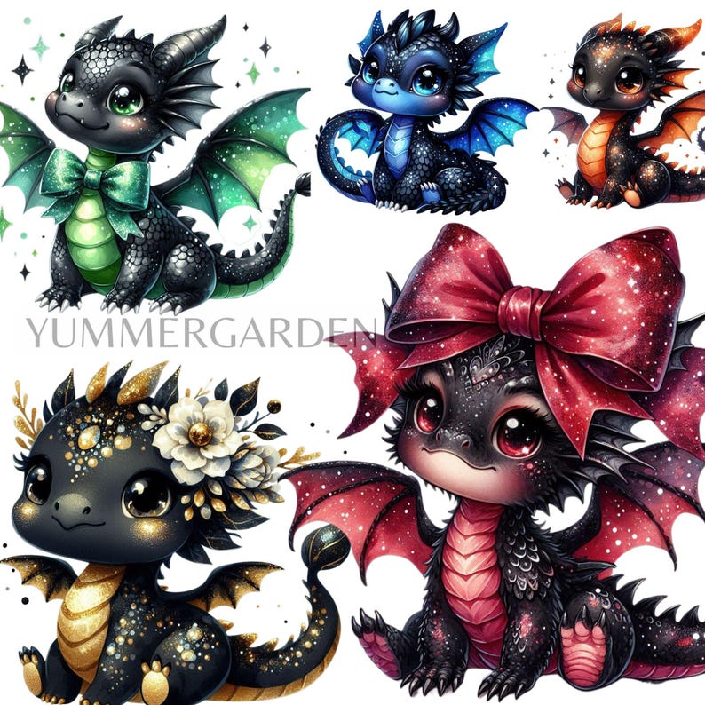 Kawaii Black Baby Dragon Clipart Bundle: Nursery PNG Set (Digital Download) image 6