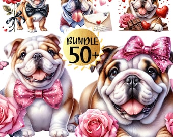 English Bulldog Valentine Clipart Bundle: Watercolor PNG Designs (Digital Download)