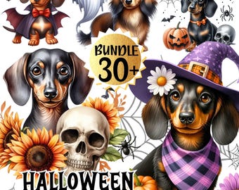 Bundle 30+ Cute Halloween Dachshund Puppy PNG, Sublimation Files , Kawaii Spooky Puppy Sausage Dog Clipart Bundle, Sticker, Digital Download