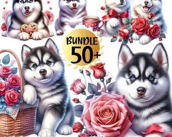 Husky Dog PNG Clipart Bundle, Husky Valentine Day Clip art Bundle, Husky Dog mom Sublimation Design, Dog PNG digital sticker, Dog Lover PNG