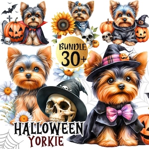 Bundle 30+ Halloween Yorkie Puppy Clipart, Kawaii Yorkshire Terrier Dog Halloween Sublimation Designs,Digital Sticker,  Digital Download