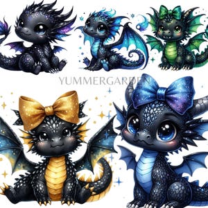 Kawaii Black Baby Dragon Clipart Bundle: Nursery PNG Set (Digital Download) image 5