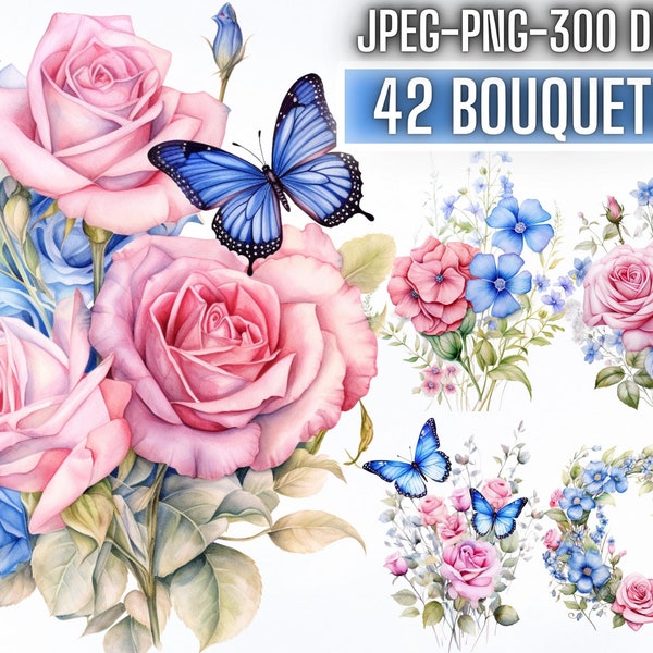 42 Watercolor Rose and Wildflower Clip Art Bundle, Pink Blue Floral Png Sublimation Designs, Spring Wedding Flower Clipart, Digital Download