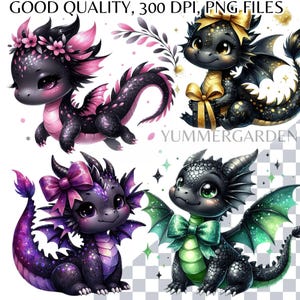 Kawaii Black Baby Dragon Clipart Bundle: Nursery PNG Set (Digital Download) image 3