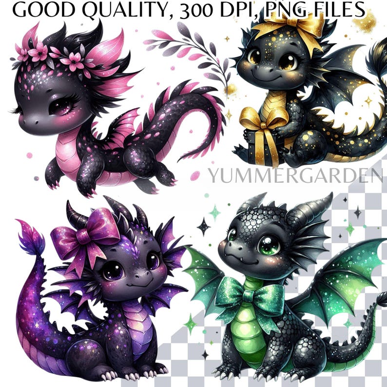 Kawaii Black Baby Dragon Clipart Bundle: Nursery PNG Set (Digital Download) image 3