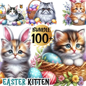 Ensemble de cliparts chat de Pâques, ensemble de clipart oeufs de Pâques chat kawaii, chaton PNG, lot de clipart chat, conception par sublimation, autocollants numériques