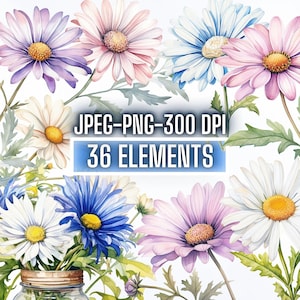 Puede incluir: Ilustración de acuarela de 36 flores de margarita en varios colores, incluyendo rosa, azul, blanco y morado. Las flores están dispuestas en un ramo y tienen hojas verdes. El texto "JPEG-PNG-300 DPI 36 ELEMENTS" se muestra en un fondo azul.