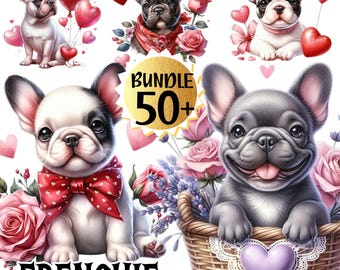 Französische Bulldogge Valentine Clipart Bundle: Kawaii Frenchie PNG (Digital)