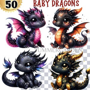 Kawaii Black Baby Dragon Clipart Bundle: Nursery PNG Set (Digital Download) image 2
