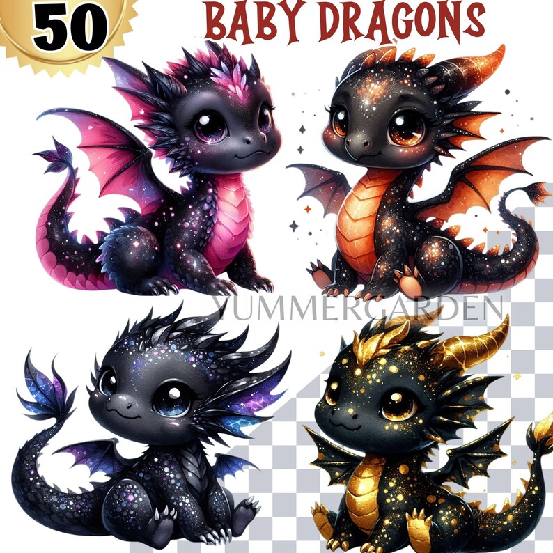 Kawaii Black Baby Dragon Clipart Bundle: Nursery PNG Set (Digital Download) image 2