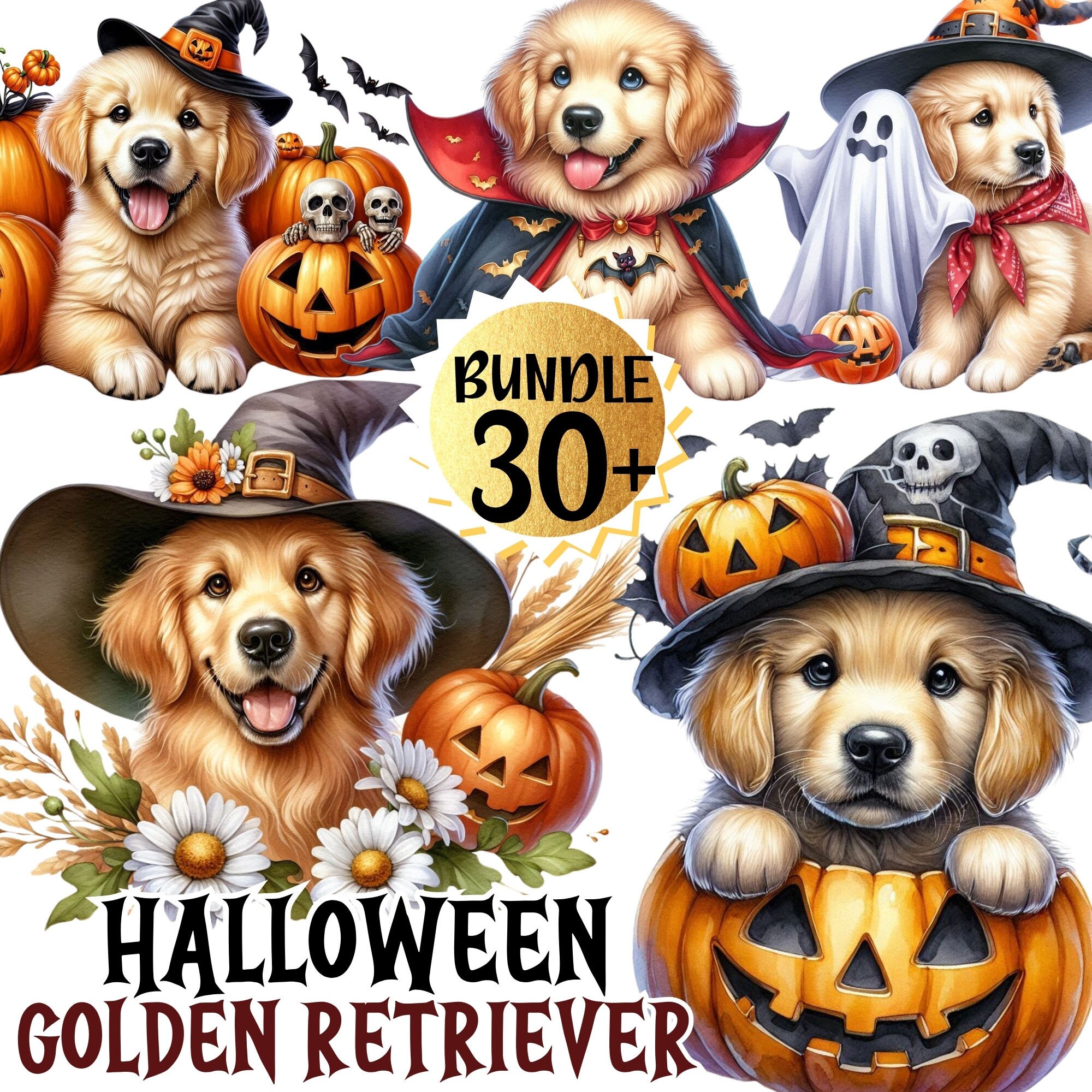 Bundle 30 + Halloween Golden Retriever Dog Clipart Bundle, Cute and Spooky Witchy Golden Retriever Puppy PNG Sublimation, Digital Dowload