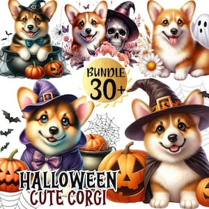 Bundle 30 + Kawaii Corgis Clipart Bundle, niedlicher Corgis digitaler Aufkleber, gruselige Saison Sublimationsdesigns, Halloween Hund PNG, digitaler Download
