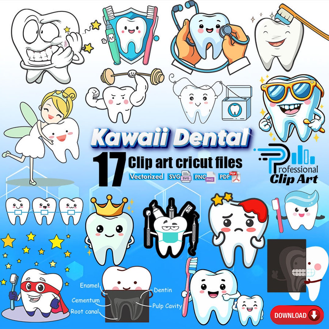 Kawaii Dental SVG/PNG Clipart Pack - Dentist Gifts & Stickers, Editable ...