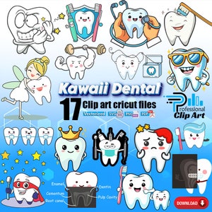 Kawaii Dental SVG/PNG Clipart Pack - Presentes e adesivos para dentistas, clipart editável de dentes, decorações odontológicas