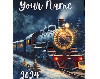 Personalized Snowy Train Blanket: Cozy Velveteen Holiday Delight - Custom Gift in Three Sizes