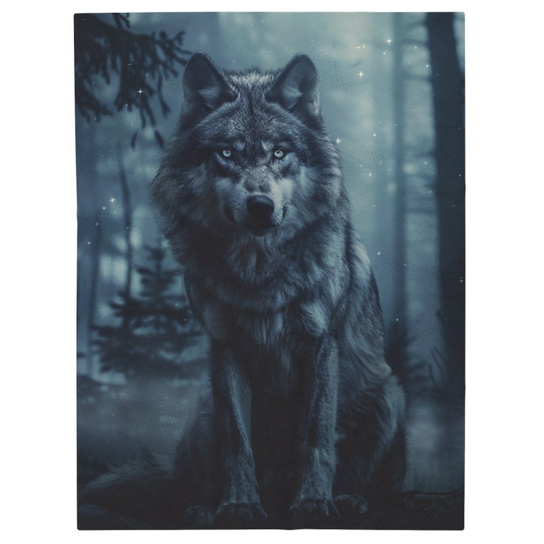 May include: A grey wolf sits in a misty forest with a blue-toned background. The wolf has piercing blue eyes and is looking directly at the viewer.